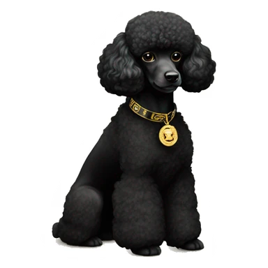 A black miniature poodle with a shaved face and a black collar with gold Versace emblems on it sticker