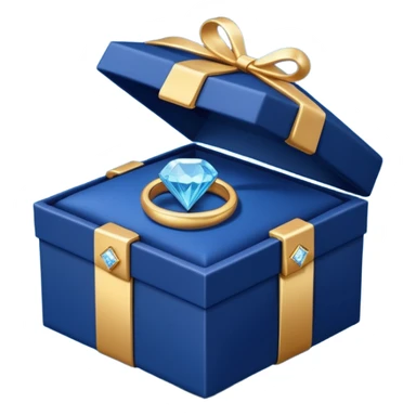 A dark blue gift box for jewelry containing a gold ring with a diamond sticker