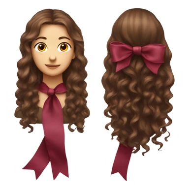 “A back photo of a girl's head with long, gently curly brown hair, wearing a large burgundy ribbon on her hair, and appears only from behind without seeing the face or front details.” sticker