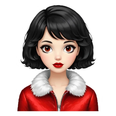 Alluring 1960's mod French girl french shiny black wavy textured bob haircut tousled hair red lips wearing furry jacket sticker