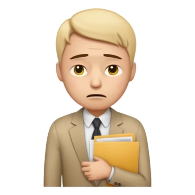  emoji character wearing a interview clothoes. face has a very sad crying, disappointed expression with drooping eyebrows and half-closed eyes. posture is dejected, with slumped shoulders just rejected from his interview to get a job, holding CV. dont make it old person. sticker