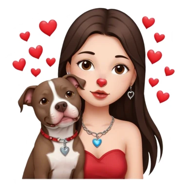 Young girl with long dark brown layered hair hair sits with her one dog who is a pretty girl pitbull with her cell phone in her hand in a small septum ring in her nose was hearts flying all around her sticker