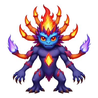 a mystical fast lava creature without arms with molten lava on its head and some rocky shoulders, fire crystals, blue flames, fire legs, no background, purple flames, mystical eyes, 8 arms, calm eyes, psychic powers sticker