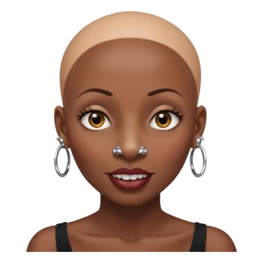 Grown black (proud) woman, bald with a perfect head, a prominent nose with a septum piercing, many piercings on her ears, a gap between her front teeth and very long nails sticker