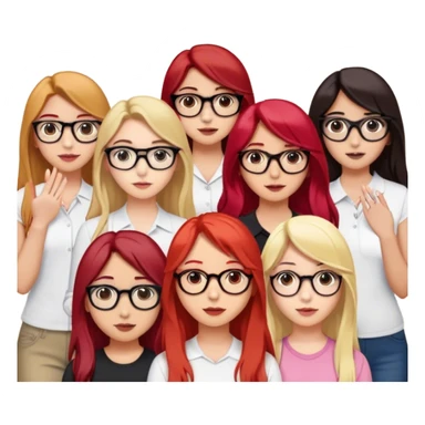 a friend group with 6 girls. one is blonde with glasses and a light skin, one is thailand and has long red hair and glases, the other one is turkish and has glasses on and dark hair, the other is german with dark long hair and dark eyes, the other one has middle length brown hair beautiful brown eyes and brown eyebrows and beautiful long lashes, and the other is blonde and shy  sticker