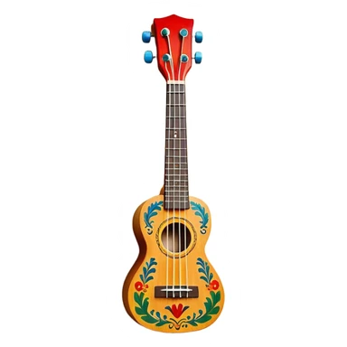 Create a vibrant and artistic emoji representing a ukulele with a Mexican design. The ukulele should feature a bright, colorful body with traditional Mexican patterns, such as geometric shapes, floral motifs, or colorful stripes. Use rich, warm tones like red, yellow, green, and blue to give the instrument a lively, festive look. Highlight the wood grain of the ukulele’s neck and fingerboard, and add subtle details like decorative inlays or a small Mexican flag symbol on the body. The strings should be clearly visible, and the instrument should be in a slightly angled position to showcase its unique design. The background should be transparent. sticker