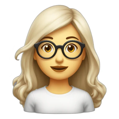  mujer blanca de cara redonda pelo largo liso marrón con lentes sticker