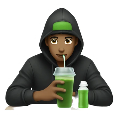 chill guy with black hoodie and black cap  drinking matcha from a plastic bottle sticker