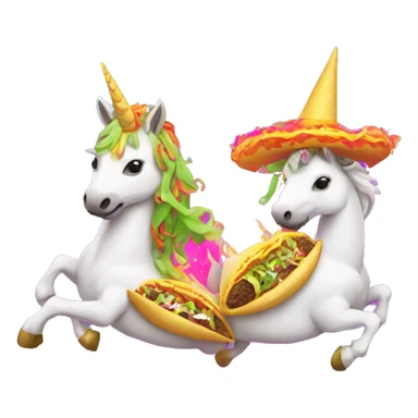 two women eating tacos while riding a unicorn surrounded by a neon heart that’s on fire sticker