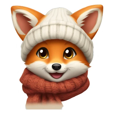 A cute little charming fox cub in a winter hat and scarf shows his tongue sticker