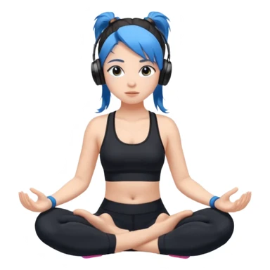 A girl with fair skin and a caring blush. Her eyes are big, expressive, blue. Her hair is long, straight, dark brown.
 in a ponytail 
running, she is wearing black leggings and a black sports bra with headphones meditating in butter top and black leggings sticker