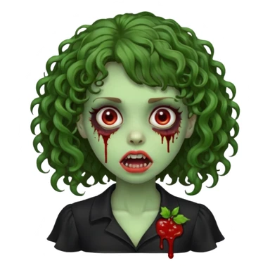 Green zombie emoji girl with curly Brown hair, with curly bangs, wearing a black bluse, blood Just in the tongue  sticker