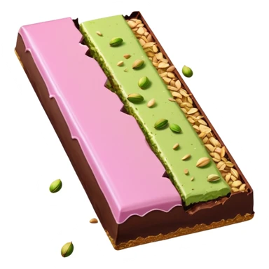 chocolate partially wrapped in elegant pastel pink foil, the top half broken to reveal rich pistachio cream and crispy kataifi strands inside, glossy chocolate surface, detailed texture sticker