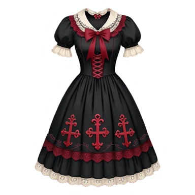 A beautiful Lolita dress with laces, cross-stitches, dark gothic color palette theme, strings, traditional vintage patterns textile, beautiful, aesthetic clothing sticker