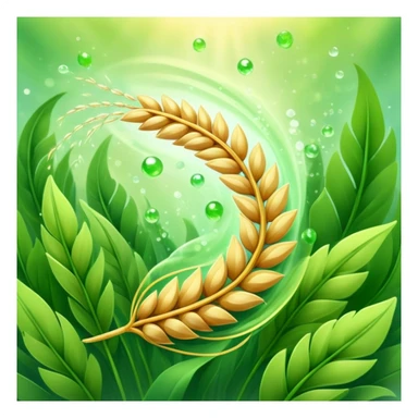 Golden wheat ear floating among green leaves and bright particles, spinning around an ethereal digestive system with soft light texture, while subtle cleansing waves pass through the air like a purifying spell sticker