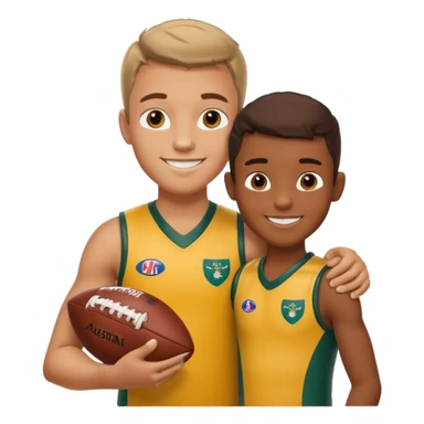 A sportsman has his arm around a young fan and they are holding a AFL sherrin, they are in australian colours, they are smiling, one is white and one is brown sticker