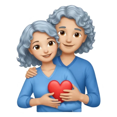 Silver hair, wavy/curly hair chin-length lady giving hug with 2 arms,  v-neck and smiling, add a heart, blue shirt sticker