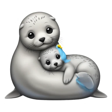 a seal pup cuddling with her mother, warm and affectionate, simple background, emoji style sticker