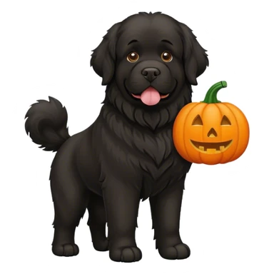 Black newfoundland dog with a pumpkin sticker