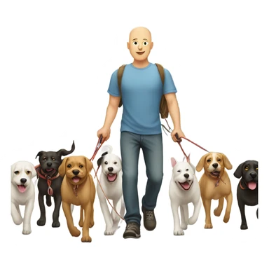Bald man walking eight dogs on leashes sticker