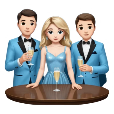 Sabrina’s carpenter in a light blue sparkly dress at a table with 3 handsome men facing each other and she is standing up putting her hand out. There are drinks on the table  sticker