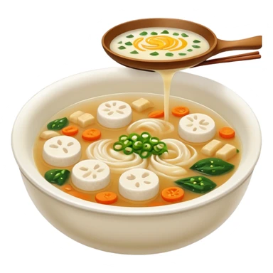 Make an emoji of tteokguk, a traditional Korean food. Okay, take the eggs out of that picture and put rice cakes in it. Make the soup white sticker