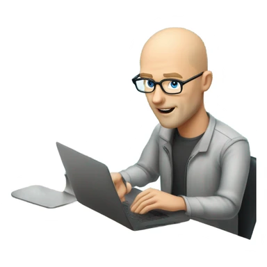 man looks 35 classes, european, tech nerd love pcb designing, blond hair almost bold shorter blue eyes with specs behind macbook on the desk a pcb sticker