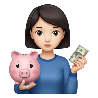 Девушка с тёмными короткими волосами с копилкой в руках складывает в неё деньги  sticker