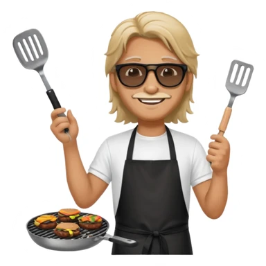 long hair man grilling wearing shade smiling in a white tshirt and a black apron grilling burger and meat on a sizzling grill sticker