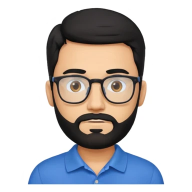 A tanned bearded man with black hair wearing glasses and a blue polo sticker