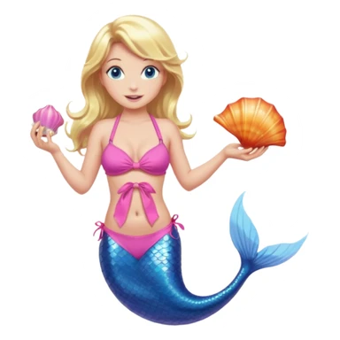 mermaid woman with blonde hair and blue eyes, a pink bikini top and an ALL pink tail holding a shell sticker