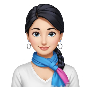 generate a pretty bratz emoji 
Make her wear a white shirt with a colorful blue-pink scarf wrapped around her neck. smiling big. Black hair tied into a side part ponytail, silver hoops and no necklace

She should look exactly  like Kareena Kapoor. kajal under eyes sticker