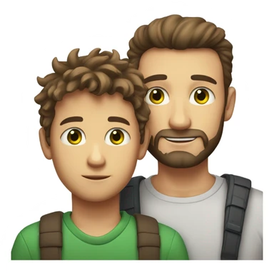 Handsome Father 40s green eyes with short full beard with Son 13s light brown eyes tousled bedhead look both has brunette hair light skin arms on shoulder portrait sticker