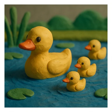duck family swimming in a pond, vibrant colors, soft lighting, textured look, claymation style sticker