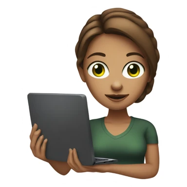 Web designer carrying a pc in her hands. white woman with medium-length brown hair, green eyes and freckles on her nose. sticker