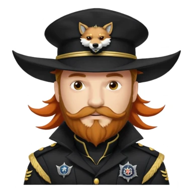 An auburn-hair'ed admiral with a flawless bear and mustache wearing a black admiral outfit and hat with Wolf Ears coming out of the hat, and 9 tails behind him, with the admiral black shirt featuring on the left breast pocket the insignia of Helldivers 2 sticker