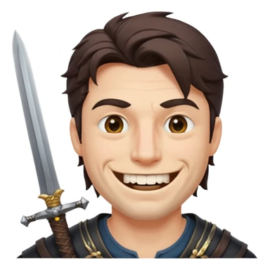 Haz que tenga una sonrisa epica una cicatriz en el ojo serrado y una espada entre los dientes y dos más a cada lado. sticker