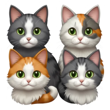 3 different coloured small cats including a dark grey and white, and a patchy calicowith hazel eyes  and a completely solid dark grey with green eyes and only white paws sticker