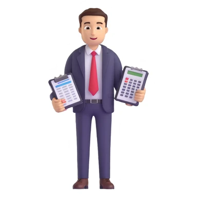 male accountant with spreadsheet, calculator and ledger sticker