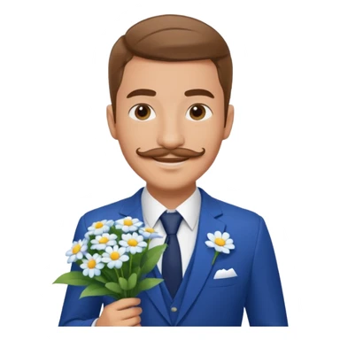 Homme 23 ans léger bouc moustache en costume bleu chemise blanche insigne cabin crew portant bouquet fleur blanche souriant  sticker