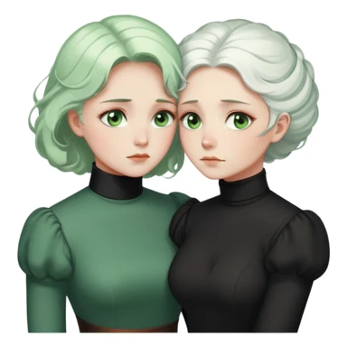 Two Victorian women with light green eyes in a sad, intimate embrace. One has bright white coiffed hair, the other has dark copper coiffed hair. Both wearing Victorian turtleneck dresses, hugging tightly sticker