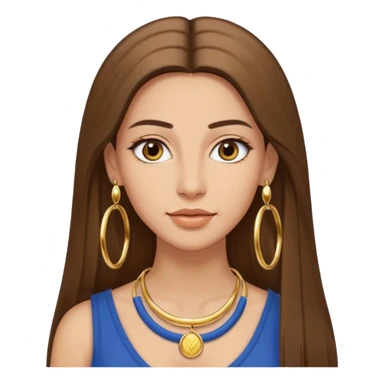 attractive Greek woman with long straight hair and light skin wearing gold hoop earrings and a gold necklace sticker