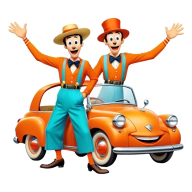 A vintage movie poster-style design with two goofy characters in outrageous outfits, showing exaggerated, silly expressions. Include elements like a goofy car, ridiculous props, and comical facial expressions. Retro comedic style with vibrant colors. Transparent background. sticker