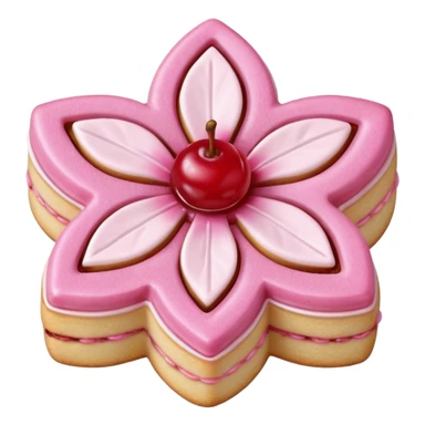 Realistic shortbread cookie in the shape of a cherry blossom with pale pink color jelly middle filling and sprinkled powder sugar on top. sticker
