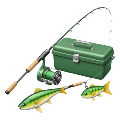 A fishing rod with reel and line neatly coiled beside a bait box.

 sticker