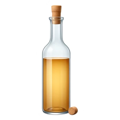 tall slender glass bottle with long neck and simple cork or screw cap, clear or frosted glass with transparent colorless liquid inside, elegant subtly curved silhouette, no label, no fruit, no extras, soft lighting, subtle shadows, emoji scale sticker