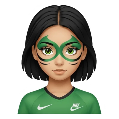 cute teenage girl, cute athletic Nike clothes, tan skin, green eyes, black hair, face paint, very long eylashes sticker