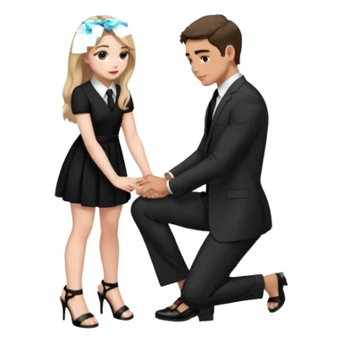 Sabrina carpenter kneeling down wearing a black dress with a tie with black heel sandals, putting her hand on man’s leg who is standing  sticker