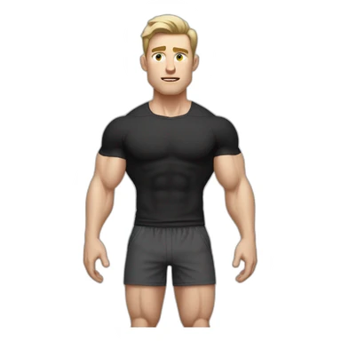 Confused Pale skinned Fit Man With the biceps and dark brown hair in black shirt, gray sports shorts and white Sneakers sticker