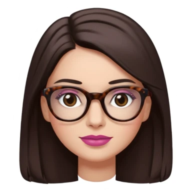 White woman with long straight dark brown hair parted in the middle, dark Brown eyes, light tortoiseshell framed glasses (no pink colour). The lips have soft dark old pink coloured lipstick, and lith smile (no teeth showing) sticker